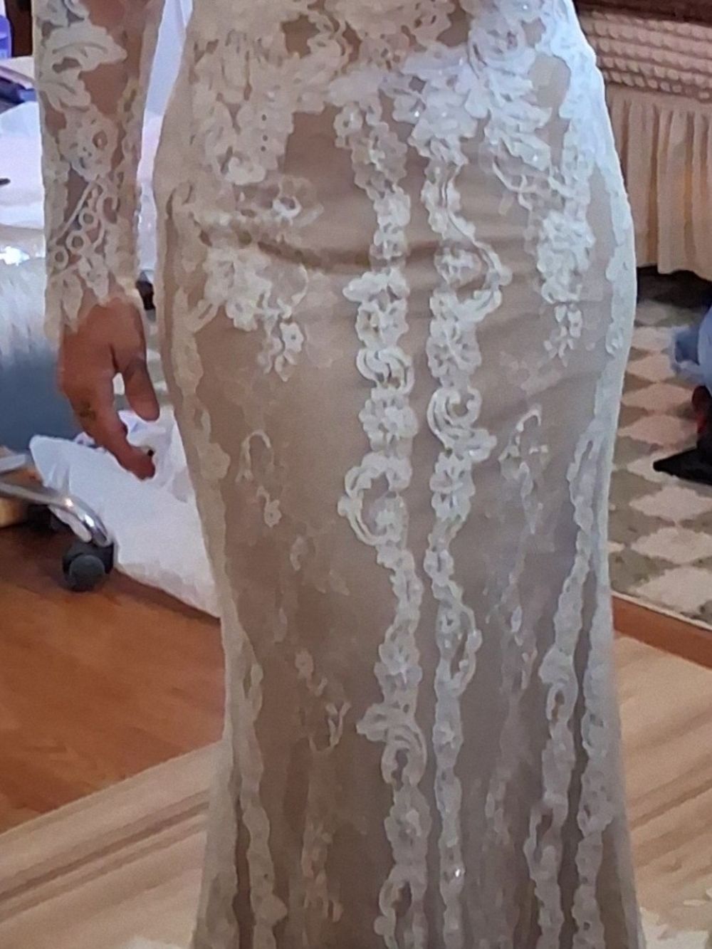 Melissa Sweet Nude Illusion Sheath Gown with Ivory Lace